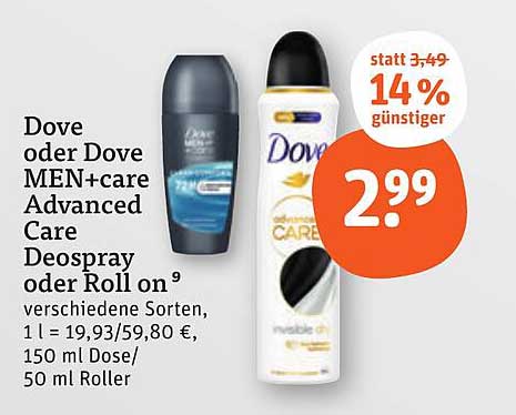 Dove oder Dove MEN+care Advanced Care Deospray oder Roll On