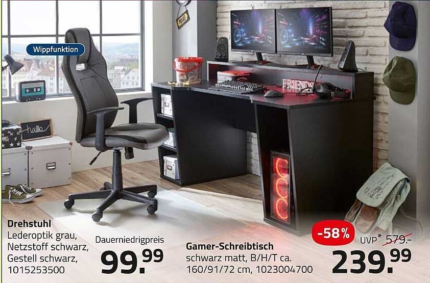 Drehstuhl Lederoptik grau + Gamer-Schreibtisch schwarz matt