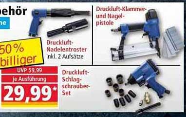 Druckluft-Nadelentfroster inkl. 2 Aufsätze, Druckluft-Klammer- und Nagelpistole, Druckluft-Schlagschrauber-Set