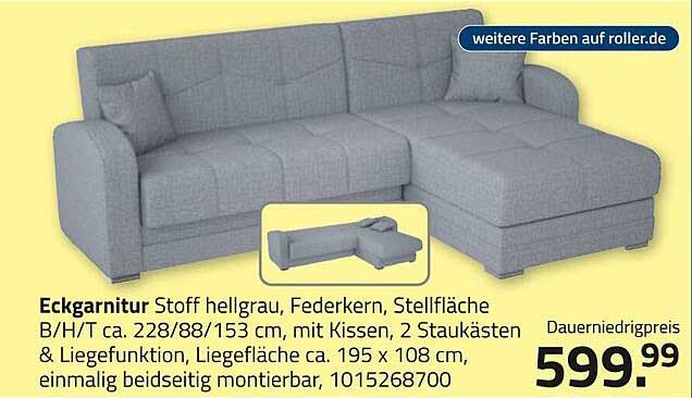 Eckgarnitur Stoff hellgrau mit Liegefunktion und Stauraum