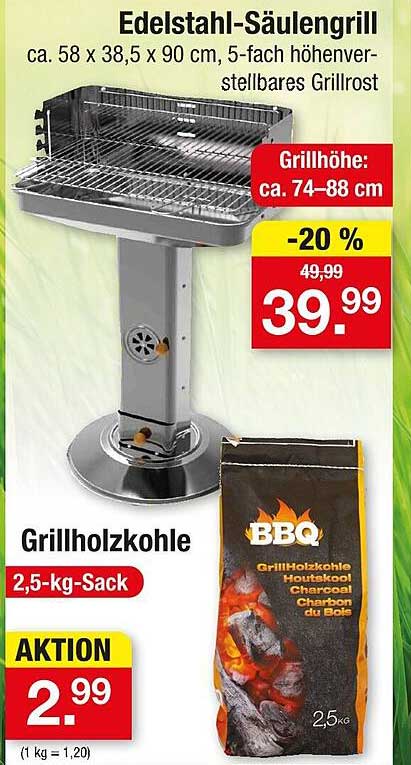 Edelstahl-Säulengrill mit Grillholz Kohle