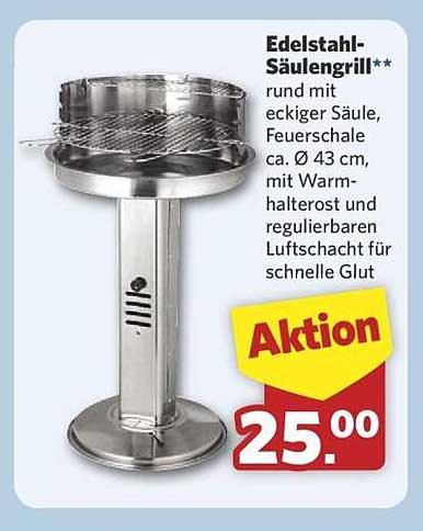 Edelstahl-Säulengrill** rund mit eckiger Säule, Feuerschale ca. Ø 43 cm, mitWarmhalterost und regulierbarem Luftschacht für schnelle Glut
