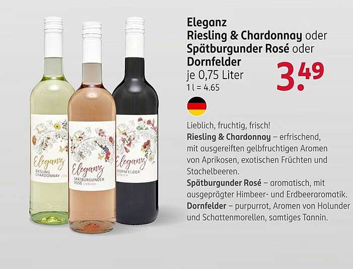 Eleganz Riesling & Chardonnay oder Spätburgunder Rosé oder Dornfelder je 0,75 Liter