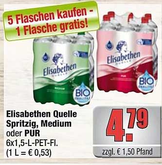 Elisabethen Quelle Spritzig, Medium oder PUR - 6x1,5 L-PET-Flasche