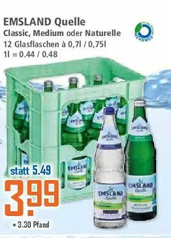 EMSLAND Quelle Classic, Medium oder Naturelle 12 Glasflaschen à 0,7l / 0,75l