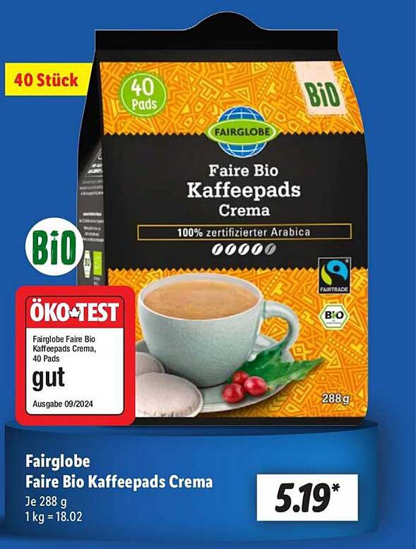Fairglobe Faire Bio Kaffeepads Crema, 40 Pads, 288 g