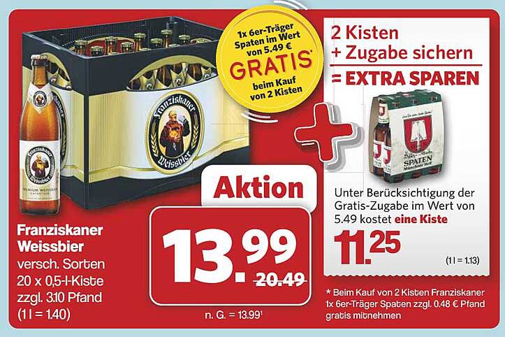 Franziskaner Weissbier - 20 x 0,5l-Kiste inkl. GRATIS 6er-Träger Spaten