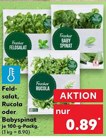 Frischer Feldsalat, Rucola oder Babyspinat je 100-g-Packung