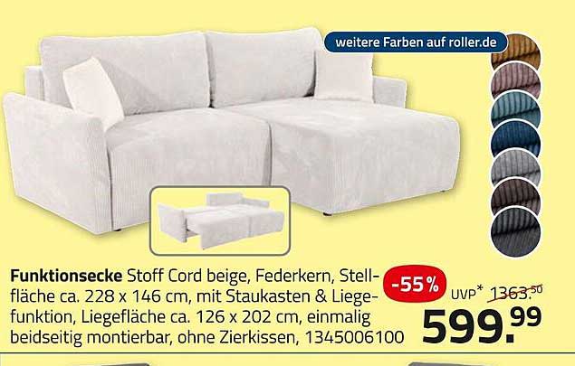 Funktionssecke Stoff Cord beige mit Liegefunktion und Staurraum