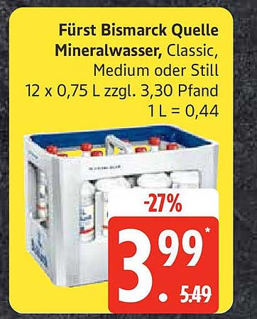 Fürst Bismarck Quelle Mineralwasser, Classic, Medium oder Still 12 x 0,75 L zzgl. 3,30 Pfand