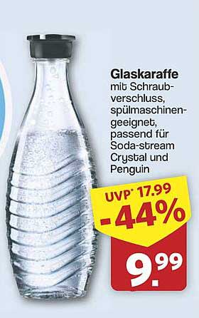 Glaskaraffe mit Schraubverschluss, spülmaschinengeeignet, passend für Soda-stream Crystal und Penguin