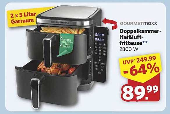 GOURMETmaxx Doppelkammer-Heißluftfritteuse 2800 W
