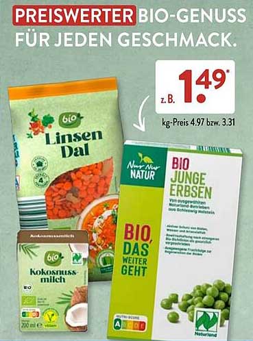 Günstige Bio-Ernährungsvielfalt mit Linsen Dal, Junge Erbsen und Kokosnussmilch