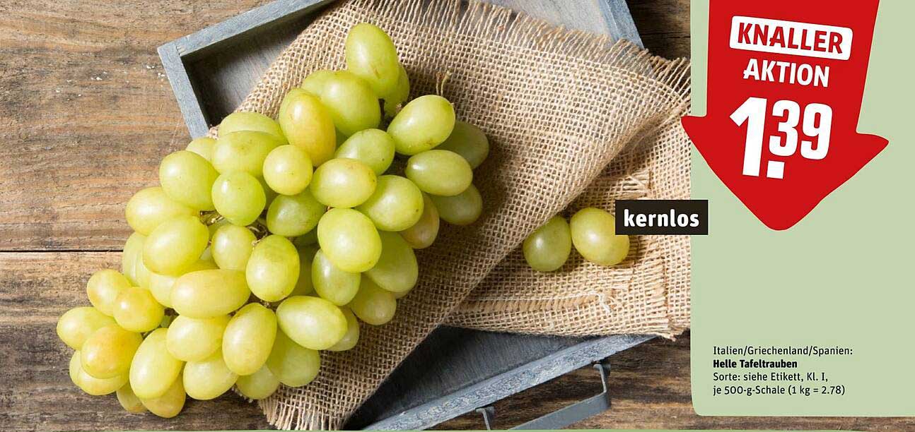 Helle Tafeltrauben, kernlos (500 g) für nur 1,39 €