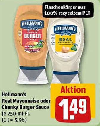 Hellmann's Real Mayonnaise oder Chunky Burger Sauce, je 250-ml-Fl.