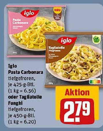 Iglo Pasta Carbonara oder Tagliatelle Funghi tiefgefroren