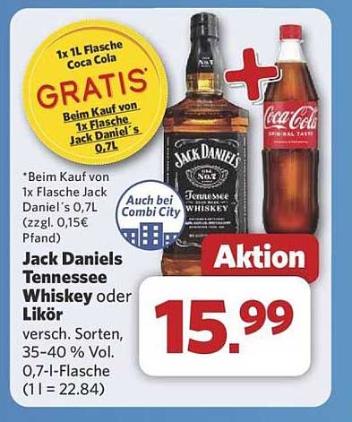 Jack Daniels Tennessee Whiskey oder Likör 0,7l mit Gratis Coca Cola