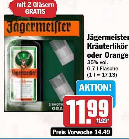 Jägermeister Kräuterlikör oder Orange 0,7 l mit 2 Gläsern GRATIS