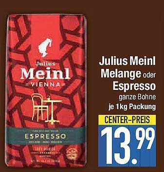 Julius Meinl Melange oder Espresso ganze Bohne je 1kg Packung