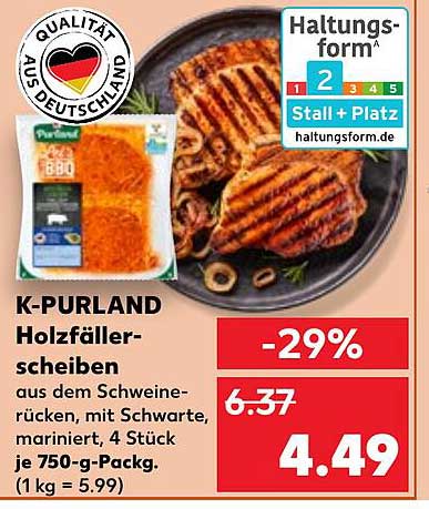 K-PURLAND Holzfällerscheiben aus dem Schweine-Rücken, mariniert, 750-g-Packung