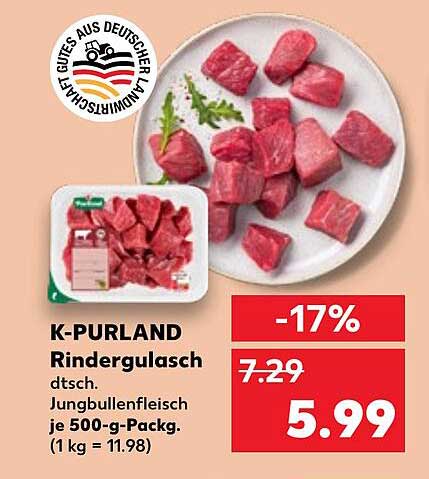 K-PURLAND Rindergulasch - Jungbullenfleisch je 500-g-Packung