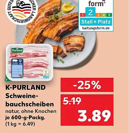 K-PURLAND Schweinebauchscheiben natur, ohne Knochen je 600-g-Pack.