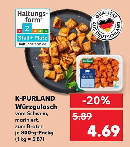K-PURLAND Würzgulasch vom Schwein, mariniert, zum Braten je 800-g-Pack.