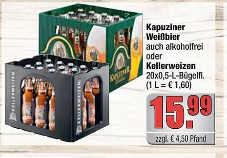 Kapuziner Weißbier auch alkoholfrei oder Kellerweizen 20x0,5-L-Bügelfl.