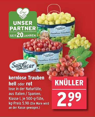 Kernlose Trauben hell oder rot lose in der Naturtüte von SanLucar
