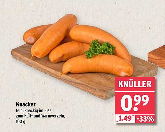 Knacker, fein, knackig im Biss, zum Kalt- und Warmverzehr, 100 g