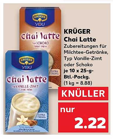 KRÜGER Chai Latte Zubereitungen für Milchtee-Getränke, Typ Vanille-Zimt oder Schoko je 10 x 25-g-Btl.-Packg.