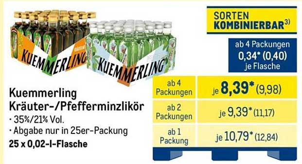 Kuemmerling Kräuter-/Pfefferminzlikör 25 x 0,02-l-Flasche