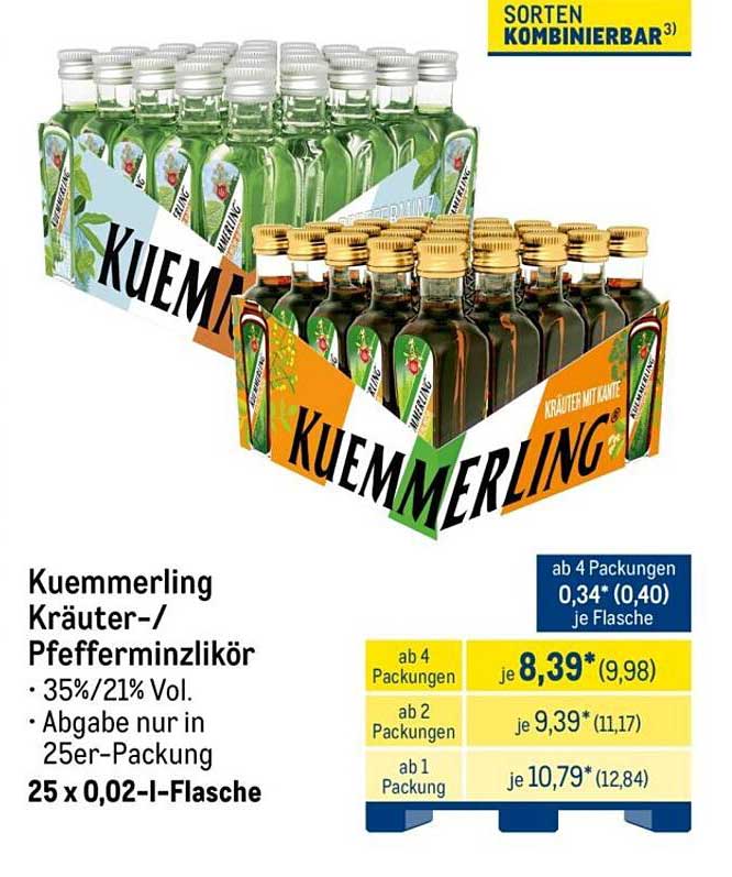 Kuemmerling Kräuter-/Pfefferminzlikör 25 x 0,02-l-Flasche