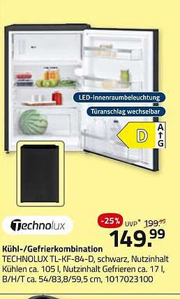 Kühl-/Gefrierkombination TECHNOLUX TL-KF-84-D, schwarz