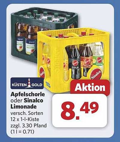 Küsten Gold Apfelschorle oder Sinalco Limonade 12 x 1-l-Kiste
