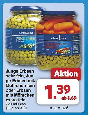 Küsten Gold Junge Erbsen sehr fein, Junge Erbsen mit Möhrchen fein oder Erbsen mit Möhrchen extra fein 720-ml-Glas