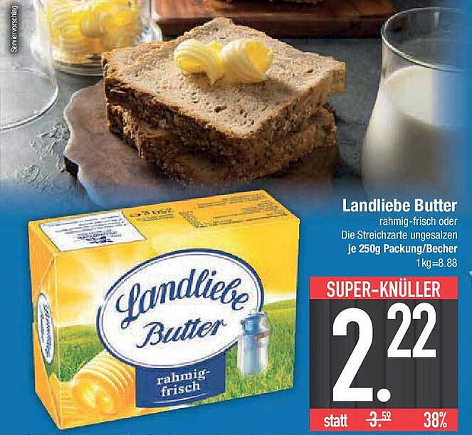 Landliebe Butter, rahmig-frisch oder die Streichzarte ungesalzen - je 250g Packung/Becher