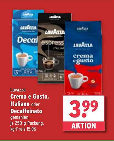 Lavazza Crema e Gusto, Italiano oder Decaffeinato, 250 g Packung für 3,99 €