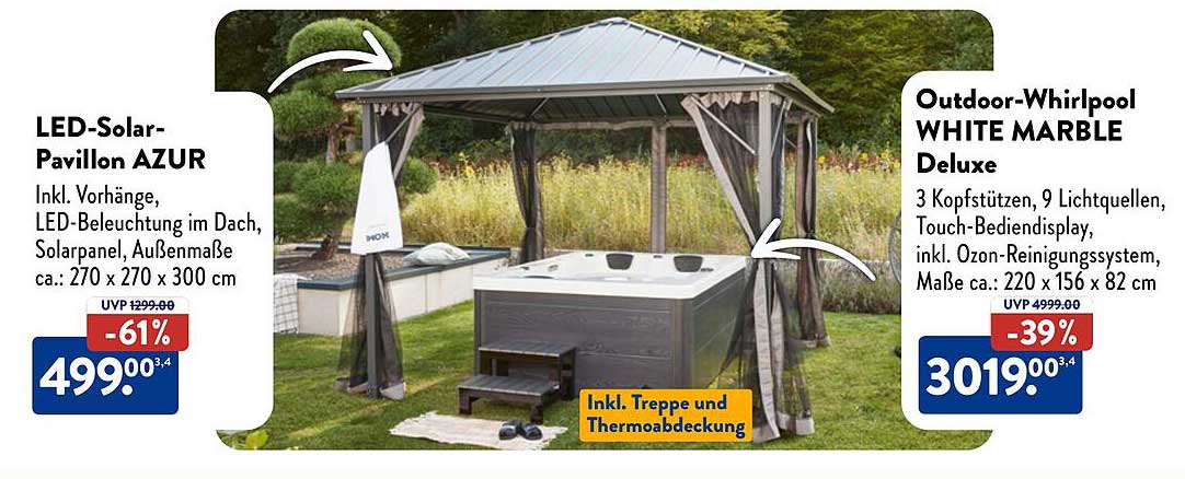 LED-Solar-Pavillon AZUR und Outdoor-Whirlpool WHITE MARBLE Deluxe