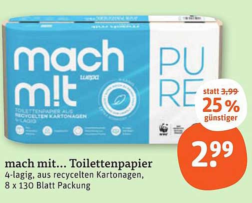 mach mit... Toilettenpapier 4-lagig, aus recycelten Kartonagen, 8 x 130 Blatt Packung