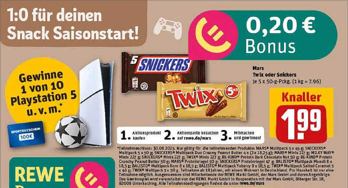 Mars Twix oder Snickers Multipack 5 x 50 g für nur 1,99 €