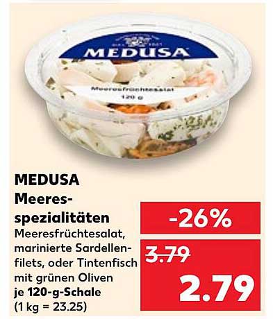 MEDUSA Meeresfrüchte-Salat, marinierte Sardellenfilets oder Tintenfisch mit grünen Oliven je 120-g-Schale