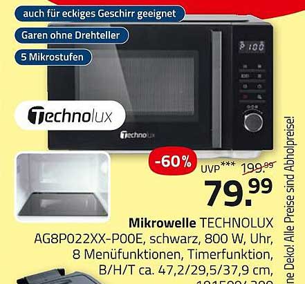 Mikrowelle TECHNOLUX AG8P022XX-POOE, schwarz, 800 W, 8 Menükategorien