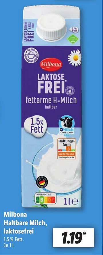 Milbona Haltbare Milch, laktosefrei, 1,5% Fett, 1 l