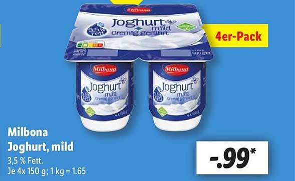 Milbona Joghurt, mild – 4er-Pack