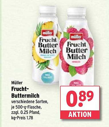 Müller Frucht-Buttermilch verschiedene Sorten, je 500-g-Flasche