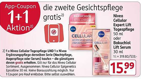 Nivea Cellular Expert Lift Tagespflege 50 ml + Bakuchiol Lift Serum 30 ml - App-Coupon 1+1 Aktion