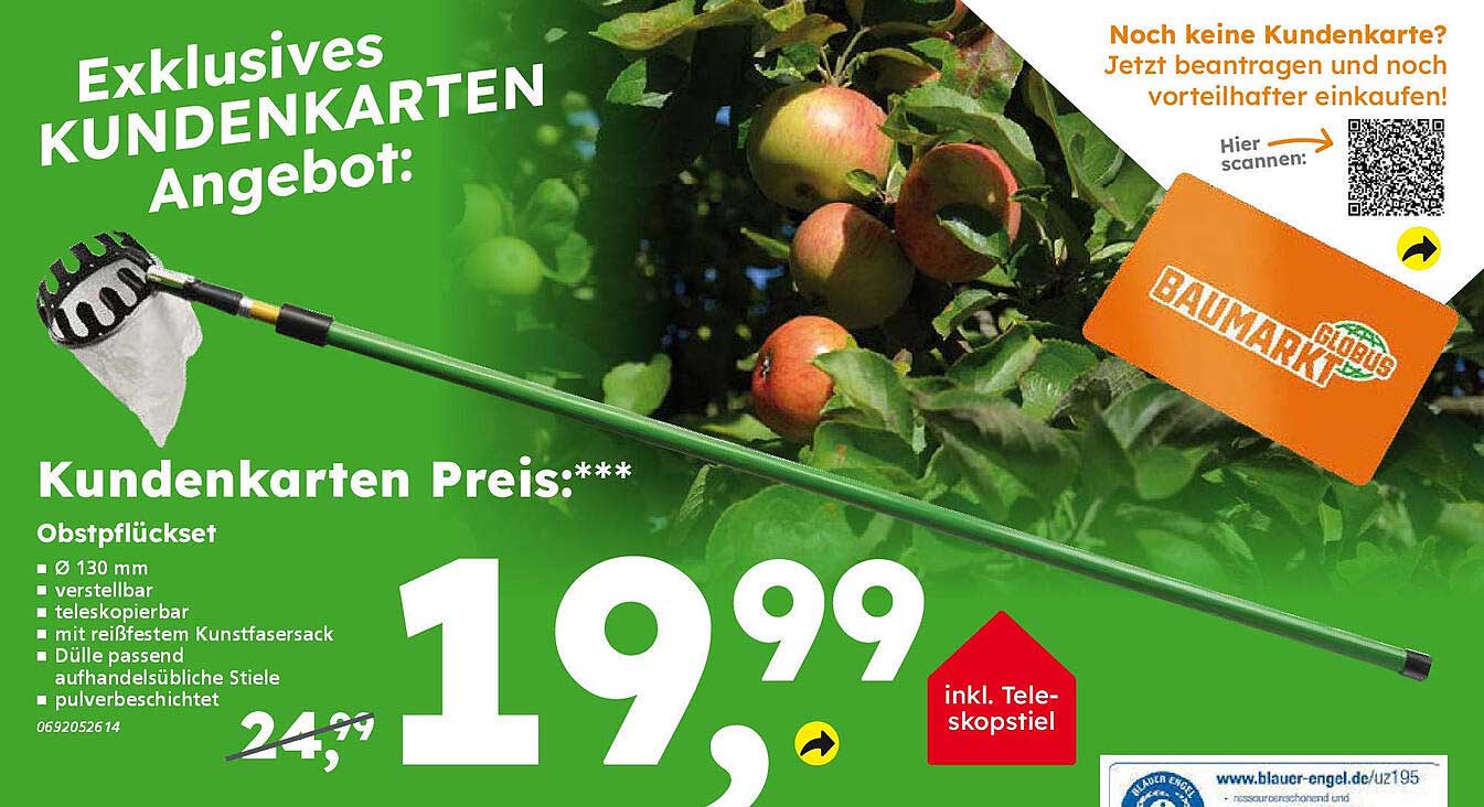 Obstpflückset mit teleskopierbarem Stiel und Kunstfasersack