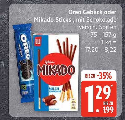 Oreo Gebäck oder Mikado Sticks, mit Schokolade, verschiedene Sorten