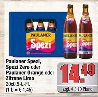 Paulaner Spezi, Spezi Zero oder Paulaner Orange oder Zitronen Limo 20x0,5-L-Fl.